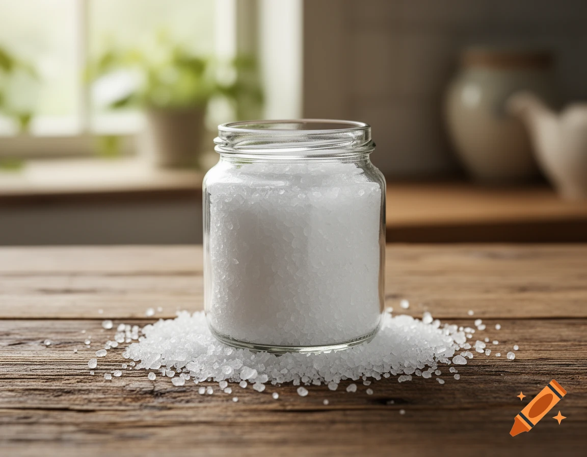 A glass jar filled with coarse white salt sits on a rustic wooden table with spilled salt, a window and plant blurred in the background.