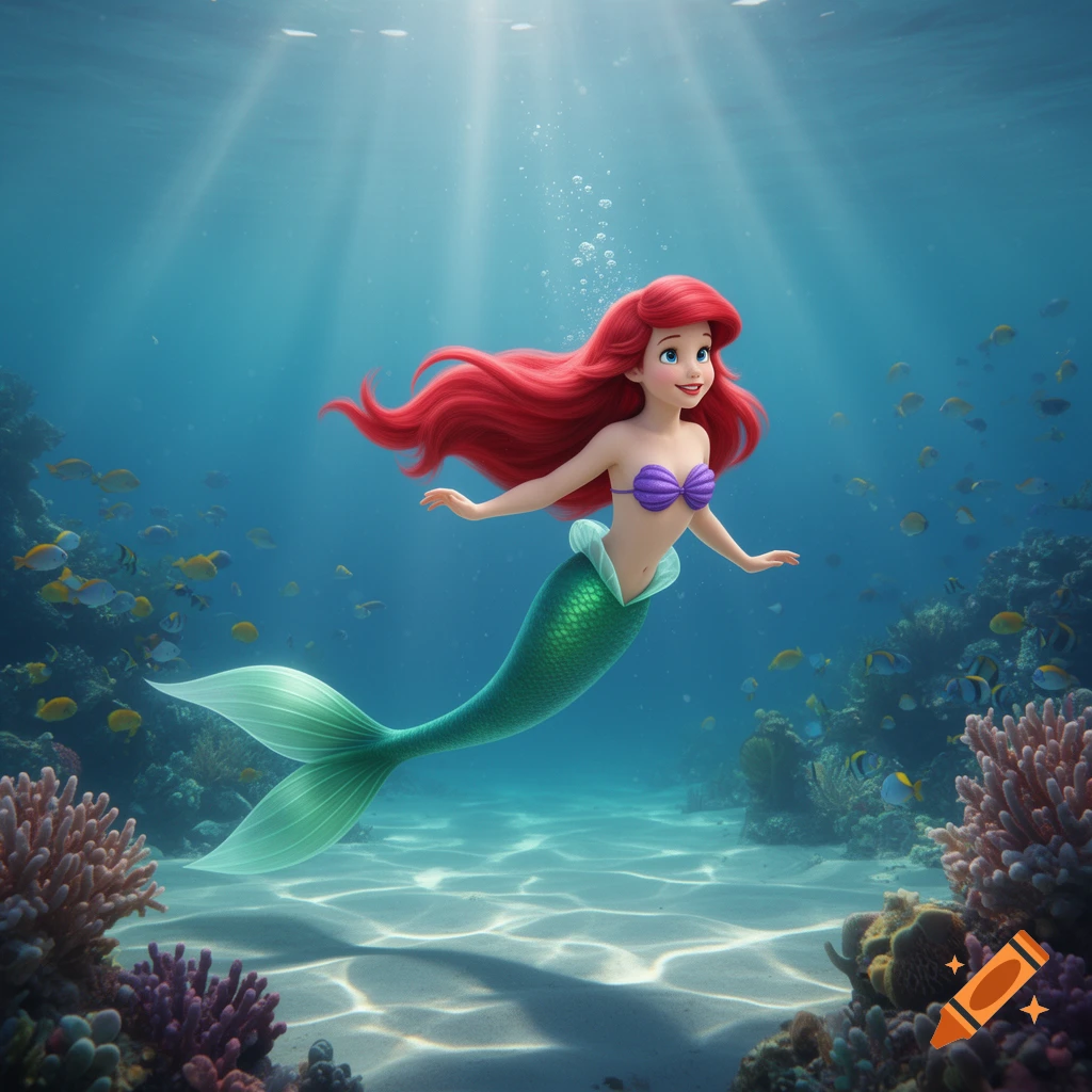 Ariel, a mermaid with red hair and a green tail, swims gracefully underwater amidst coral and fish, with sunbeams filtering from above.