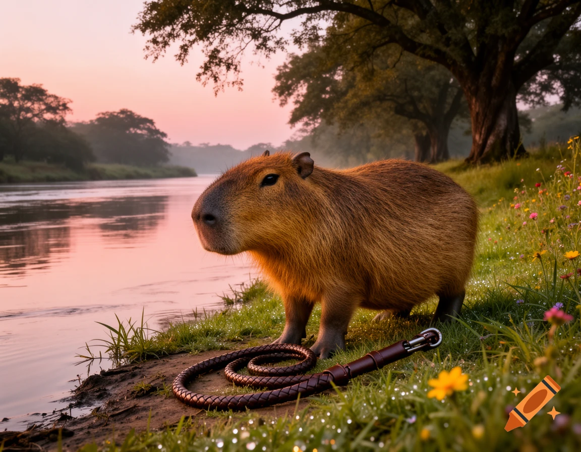 A photorealistic capybara stands by a river at sunset with a coiled leather whip on the grassy bank.