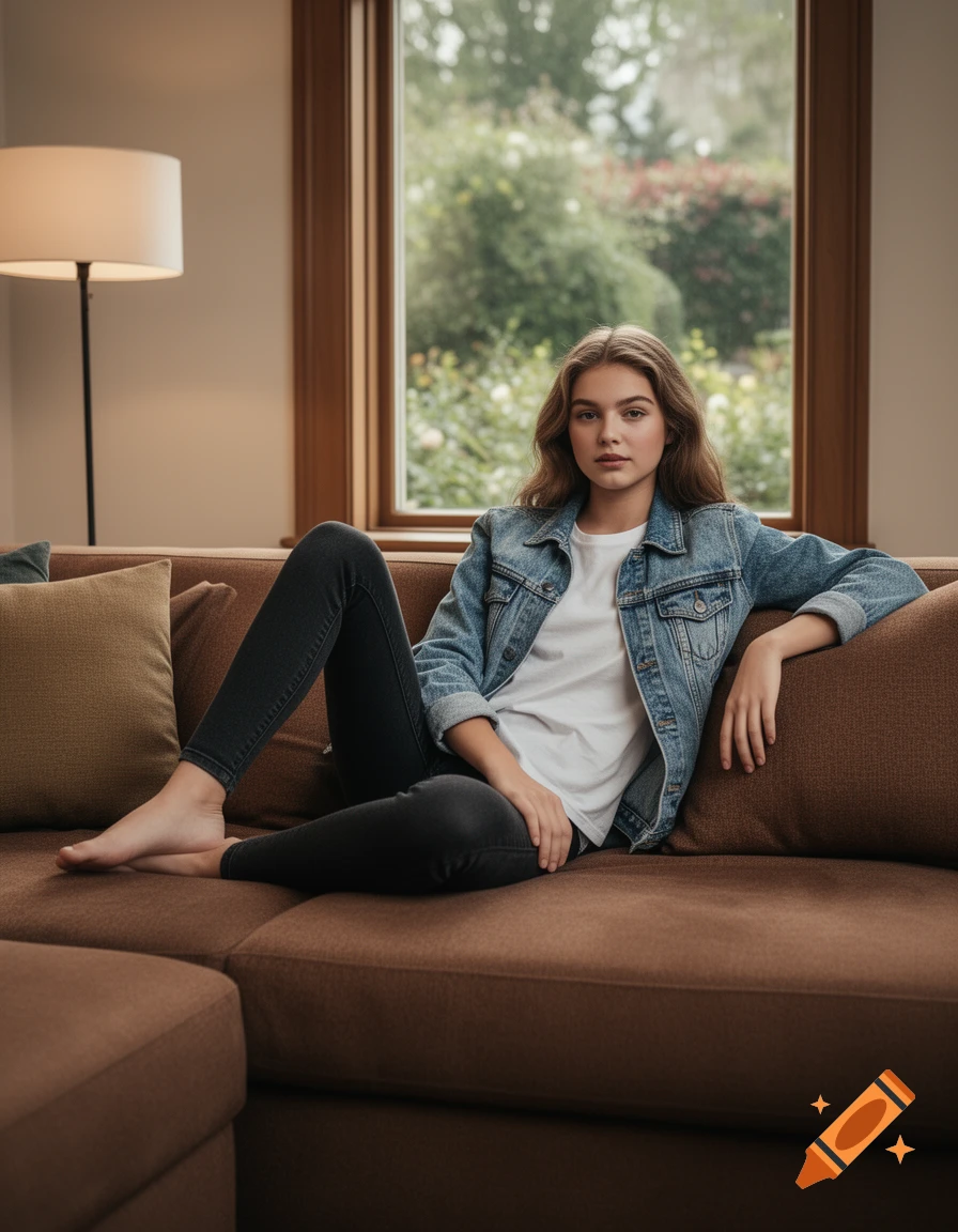 A young woman in a denim jacket, white t-shirt, and dark jeans sits on a brown couch in a living room.