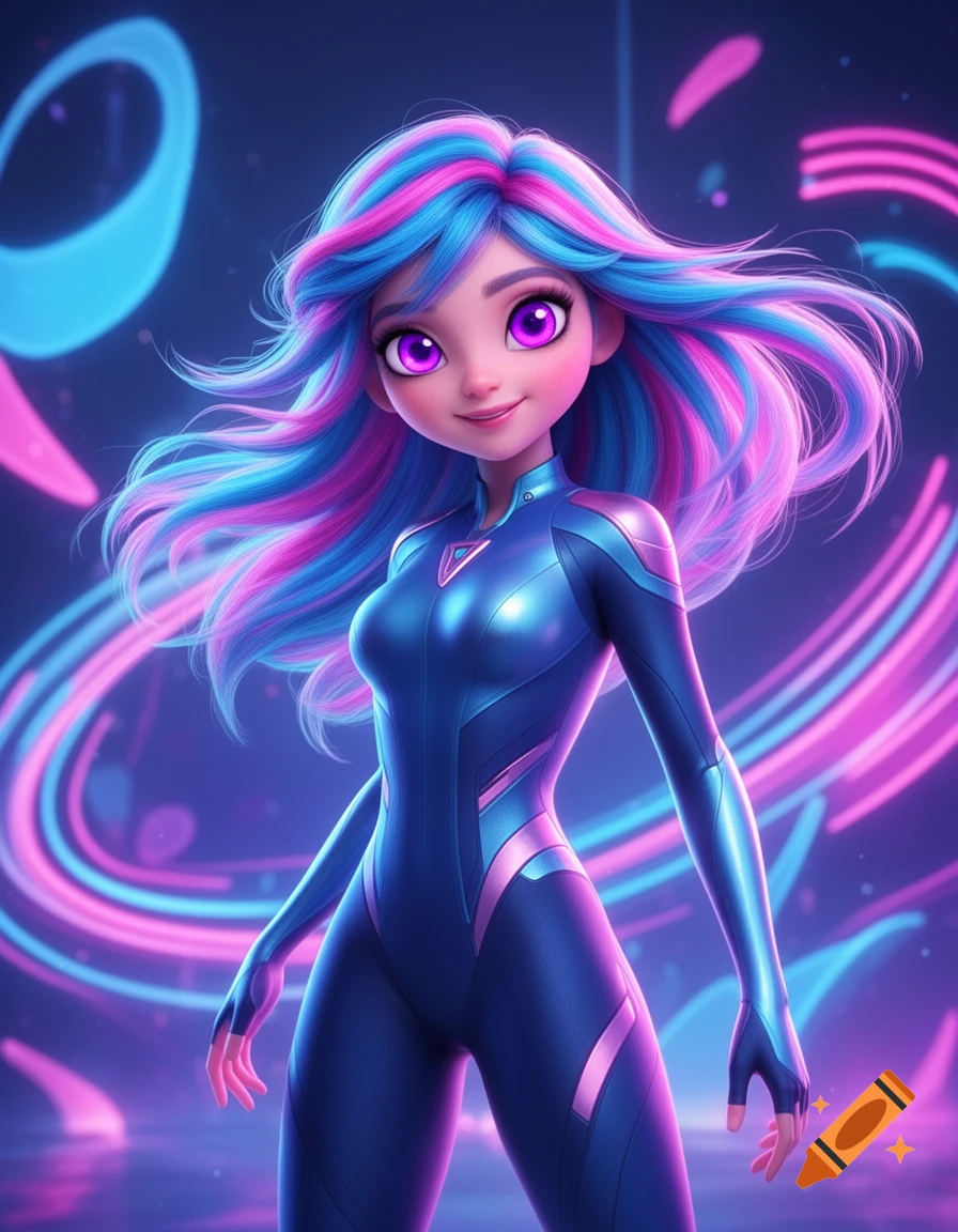 A vibrant animated female character with blue and pink hair, wearing a sleek futuristic blue suit, stands against a neon background.