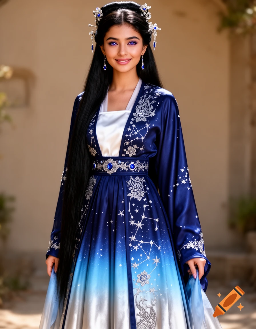 A young woman with long dark hair, purple eyes, and a serene smile wears an ornate blue and silver celestial-themed dress with elaborate head jewelry.