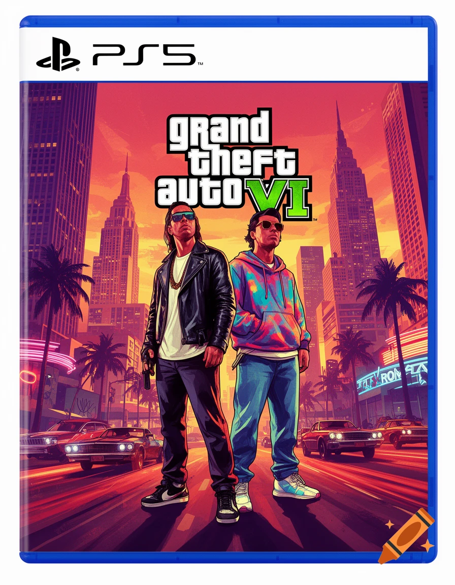 PS5 game cover for Grand Theft Auto VI featuring two men in sunglasses standing on a vibrant, stylized city street with cars at sunset.