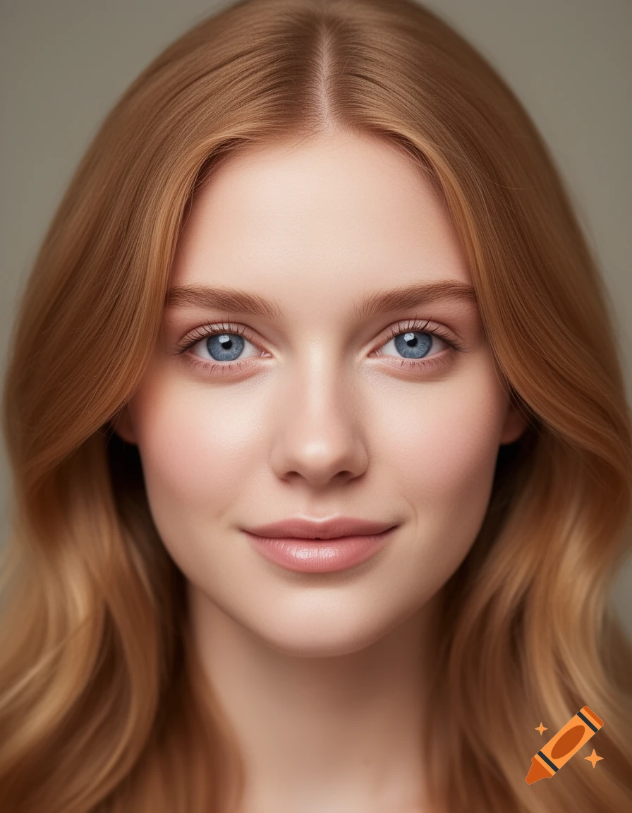 Close-up photorealistic portrait of a young woman with long wavy red hair and blue eyes, smiling slightly.