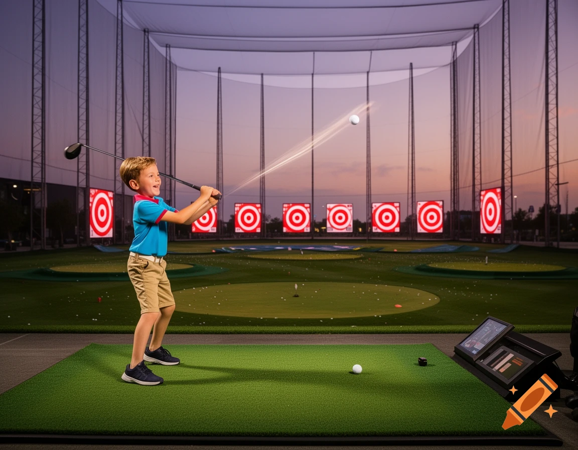 A young boy smiles as he hits a golf ball with a driver at a Topgolf driving range, with glowing targets in the distance at sunset.