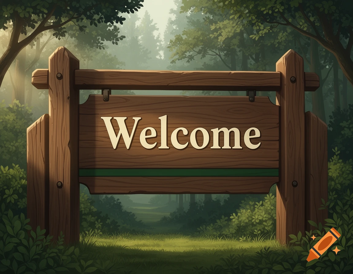 A rustic wooden Welcome sign stands at the entrance to a lush green forest, in a stylized illustration.
