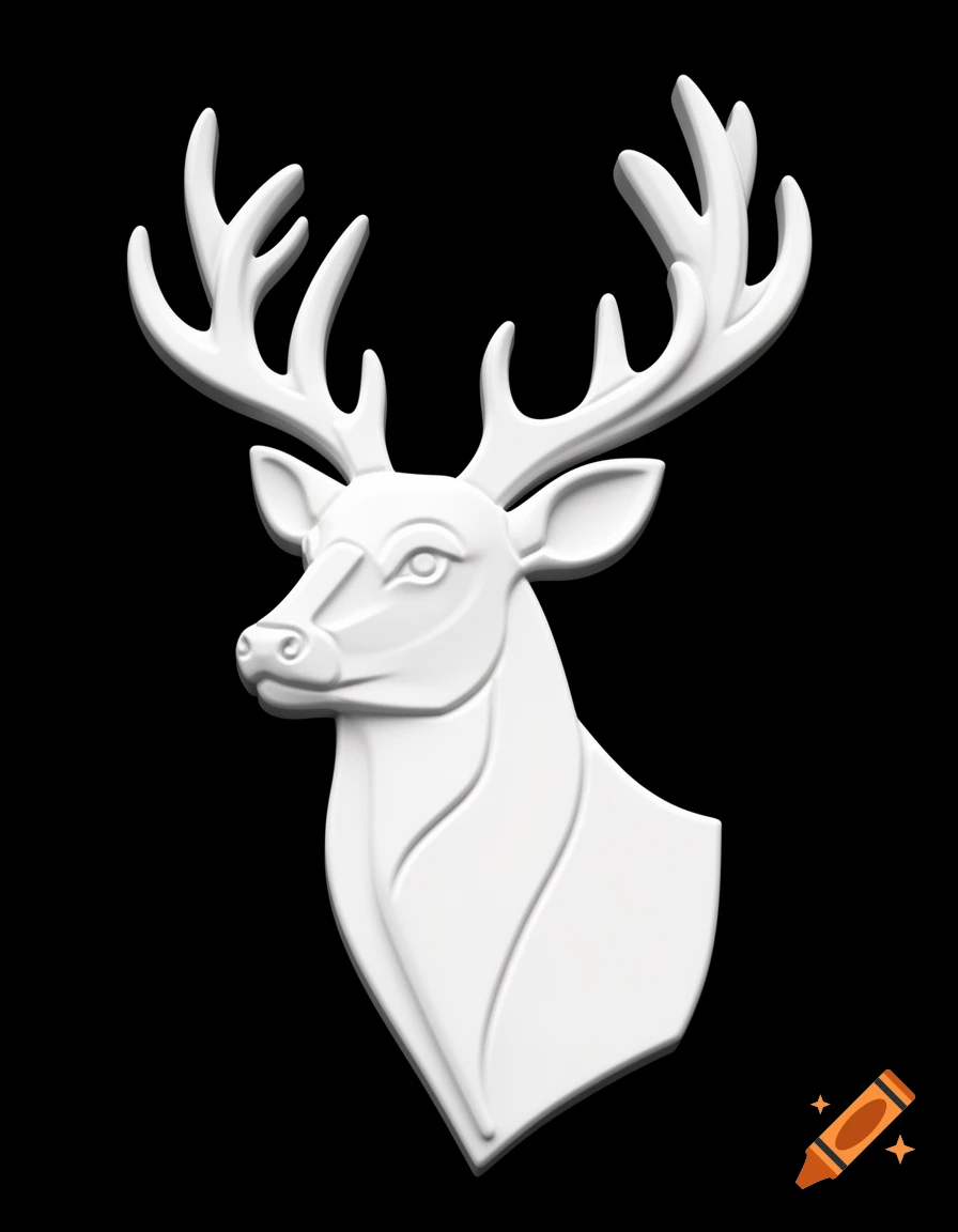 White stylized deer head in relief on a black background.
