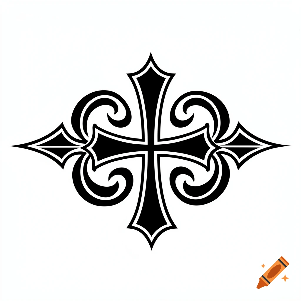 A symmetrical black and white gothic cross ornament with ornate, swirling details in clean line art.