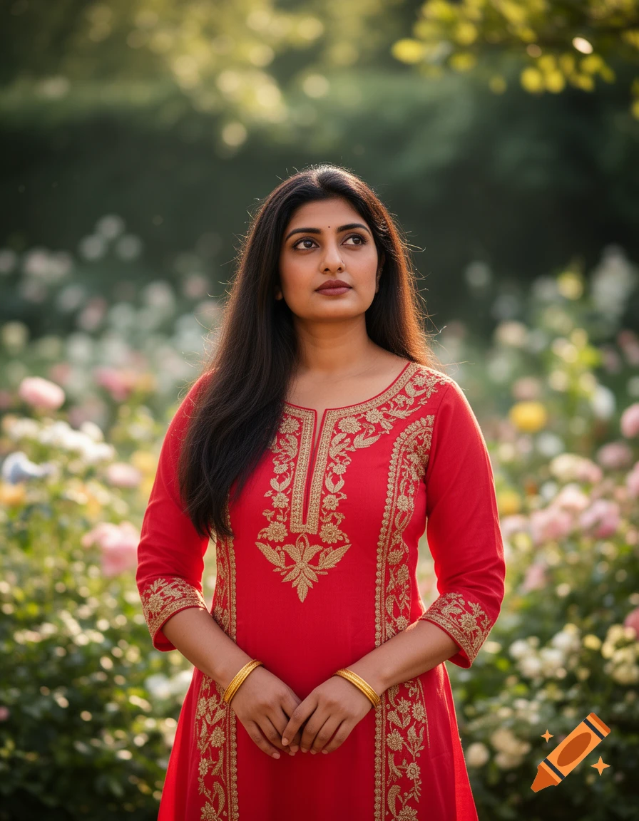 A young woman in a red traditional dress with gold embroidery and gold bangles stands in a sunlit garden, looking thoughtfully upwards.