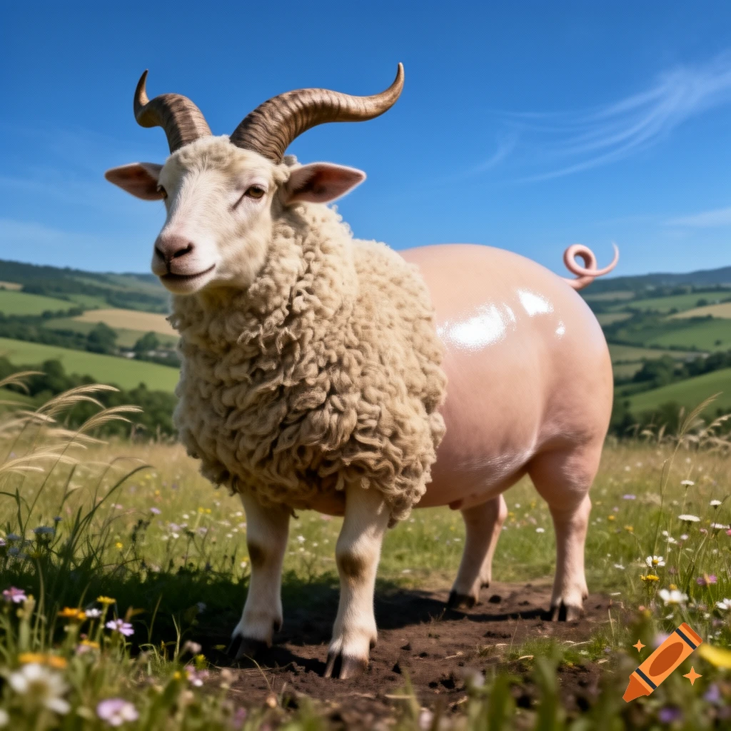 A photorealistic hybrid creature with a sheep's head and woolly front and a pink pig's body, standing in a sunny field.