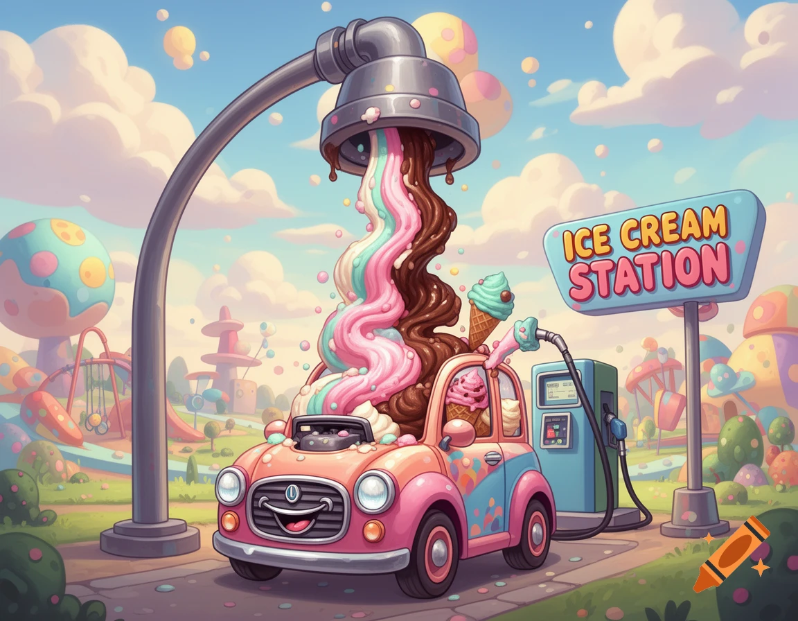 A whimsical cartoon shows a smiling pink car getting filled with multi-colored ice cream at an 'ICE CREAM STATION' in a candy-land setting.
