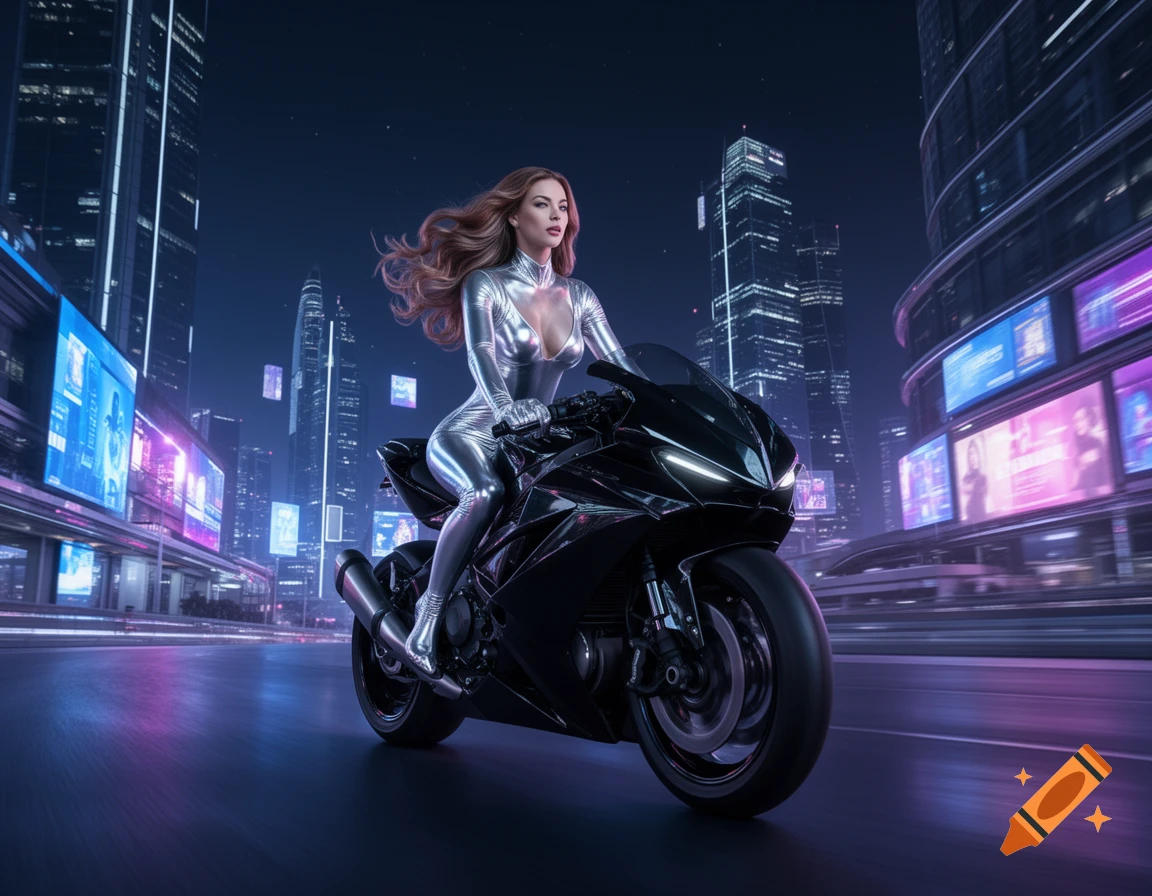 A woman in a silver suit rides a black motorcycle through a neon-lit futuristic city at night.