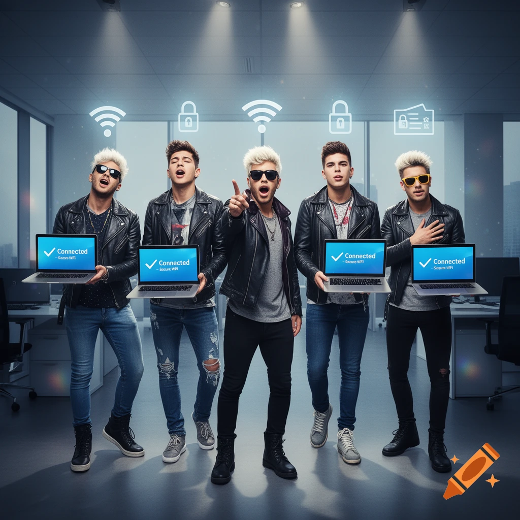 Five stylish boyband members pose dramatically in an office, holding laptops displaying 'Connected - Secure WiFi' screens.