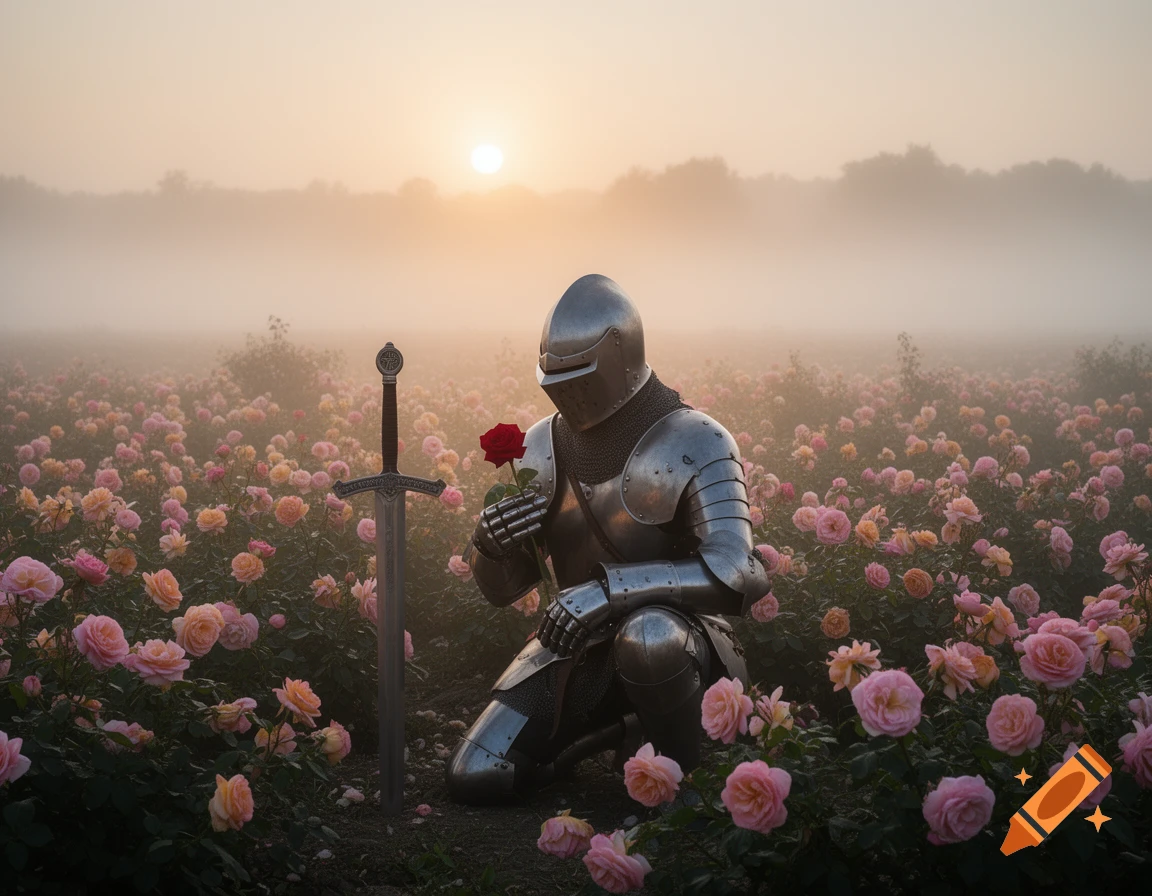 A knight in shining armor kneels in a misty field of pink roses at sunrise, holding a single red rose, with a sword planted in the ground beside him.