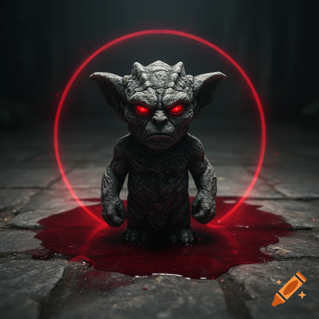 A serious stone gremlin-like creature with glowing red eyes stands in a pool of blood, encircled by a neon red ring on a dark stone floor.