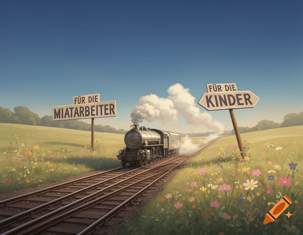 A train on tracks, diverging paths with signs 'Für Die MIATARBEITER' and 'Für Die KINDER' in a vibrant field.