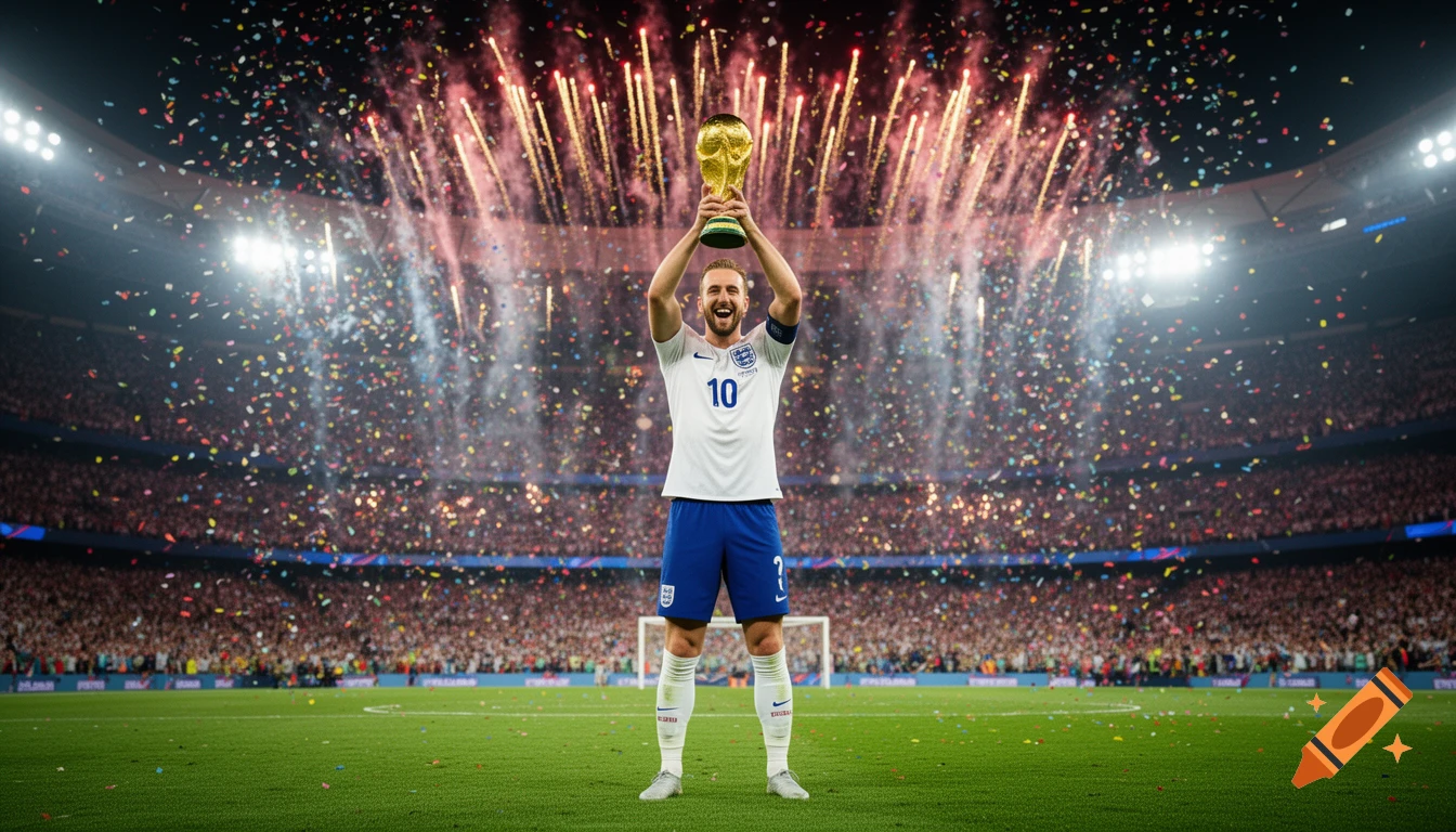 Harry Kane in an England kit lifts the World Cup trophy in a stadium with fireworks and confetti.