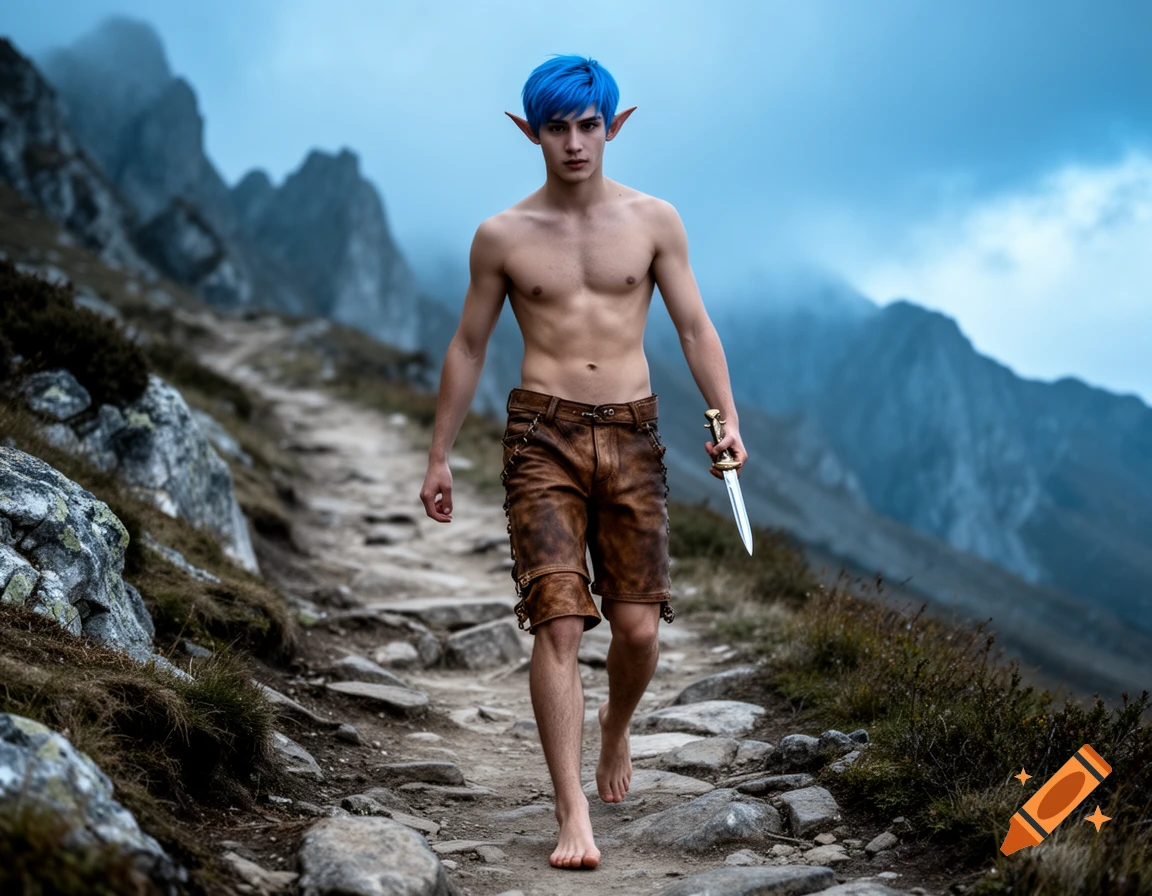 A young man with blue hair and pointed ears, wearing leather shorts, walks barefoot on a rocky mountain path, holding a dagger. Photorealistic style.