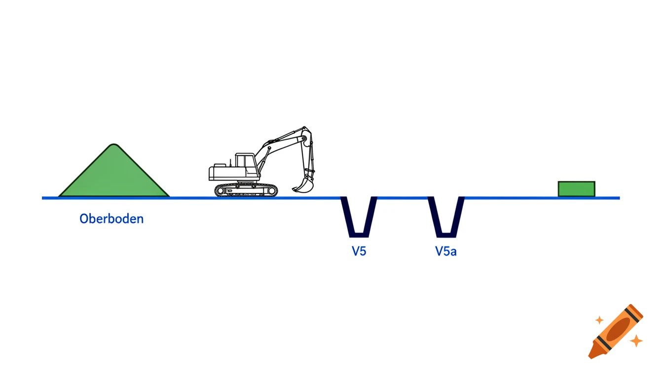 A minimalist technical diagram illustrates a construction site cross-section with an excavator, a 'Oberboden' soil pile, and two 'V5' and 'V5a' trenches along a blue ground line.