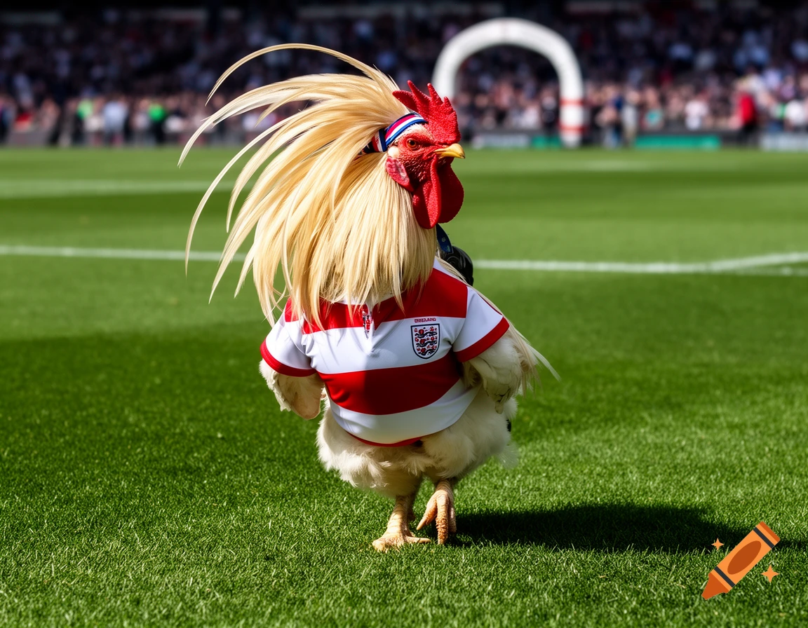 A vibrant rooster with a blonde crest and a red and white England rugby jersey stands on a lush green rugby pitch.