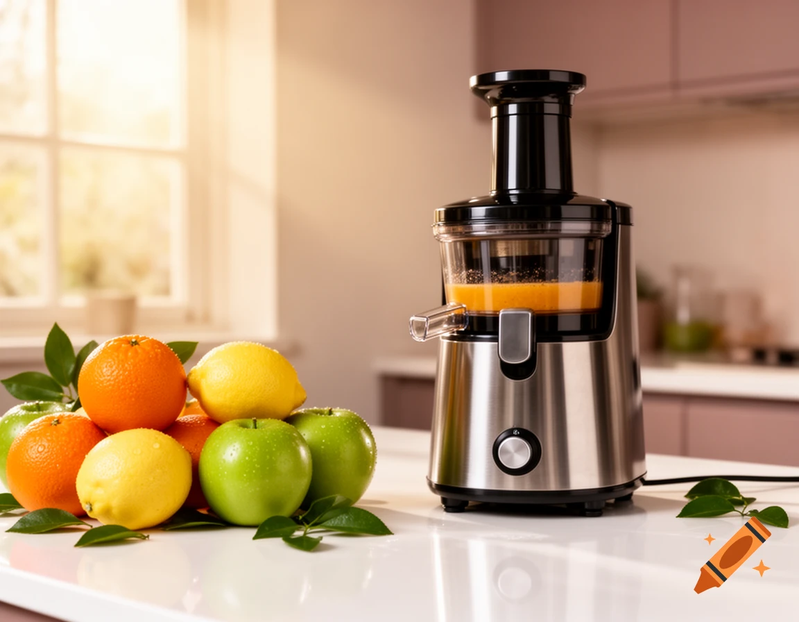 Photorealistic image of an electric juicer on a kitchen counter next to a pile of oranges, lemons, and green apples.