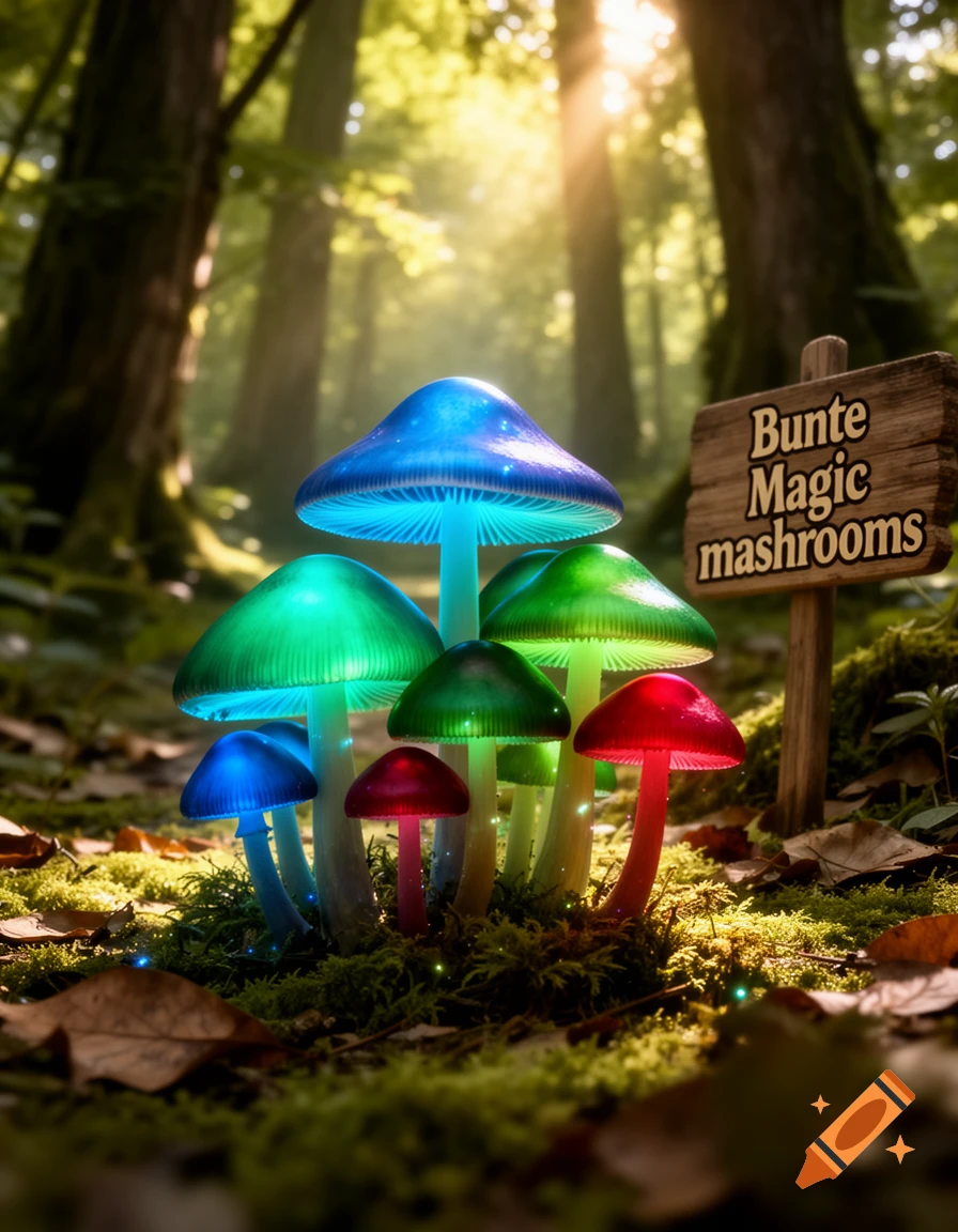 Colorful, glowing mushrooms illuminate a lush, mossy forest floor, with sunlight filtering through the trees.