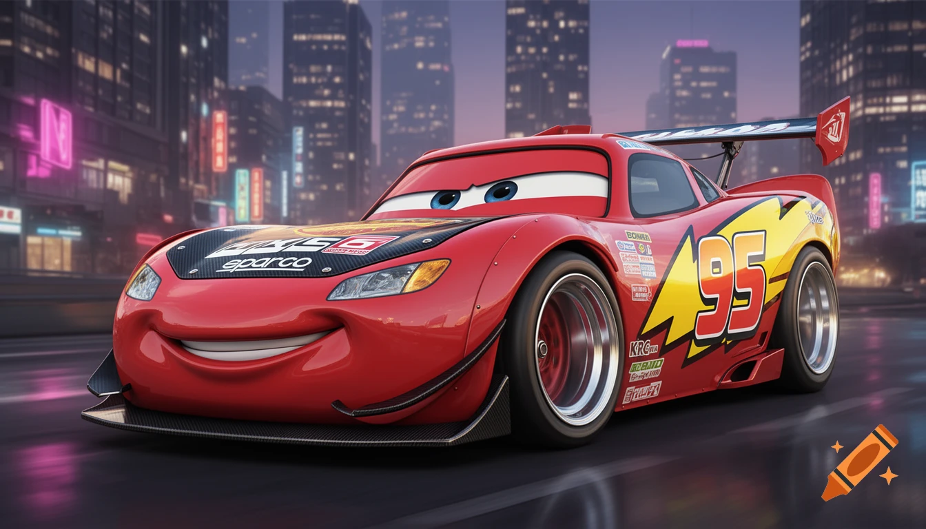 Lightning McQueen as a red racing car with a wide bodykit, spoiler, and sponsor decals, speeding through a city at night.