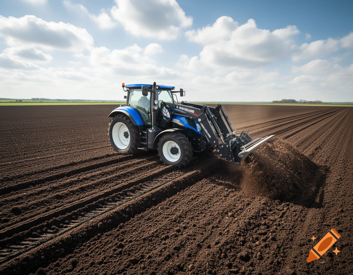 A blue New Holland tractor with a front loader digs into brown soil in a vast farm field under a partly cloudy sky. Photorealistic.