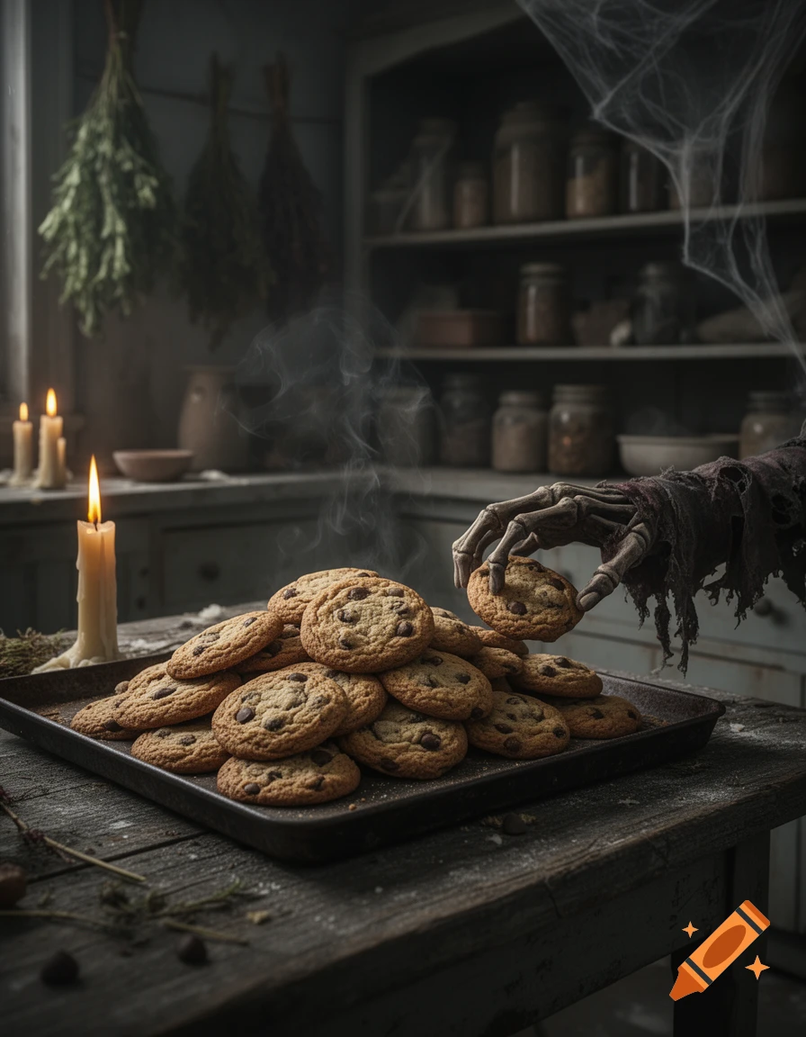 A skeletal hand reaches for a chocolate chip cookie from a tray in a dimly lit, spooky kitchen with spiderwebs.