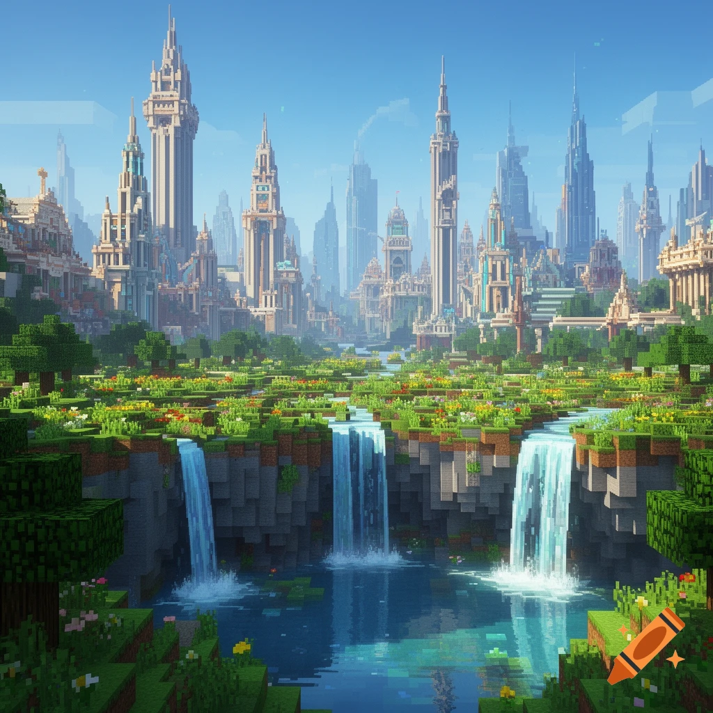 A detailed Minecraft-style city with towering blocky architecture, lush green plains, and cascading waterfalls flowing into a serene lake.