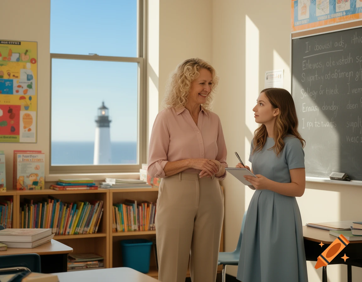 A blonde teacher smiles at a younger teacher taking notes in a bright classroom. A window shows a lighthouse by the sea.