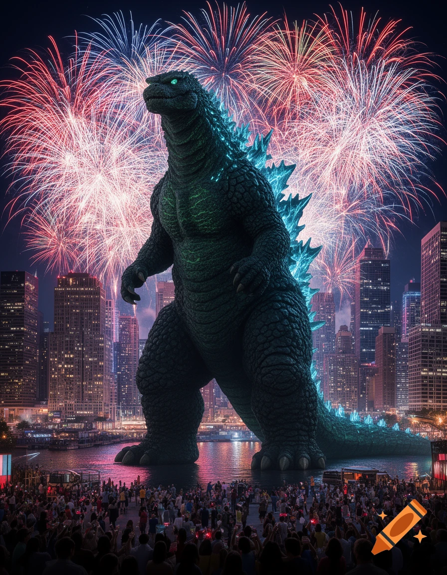 A colossal Godzilla stands in a photorealistic city at night, vibrant fireworks exploding behind it as a crowd watches.