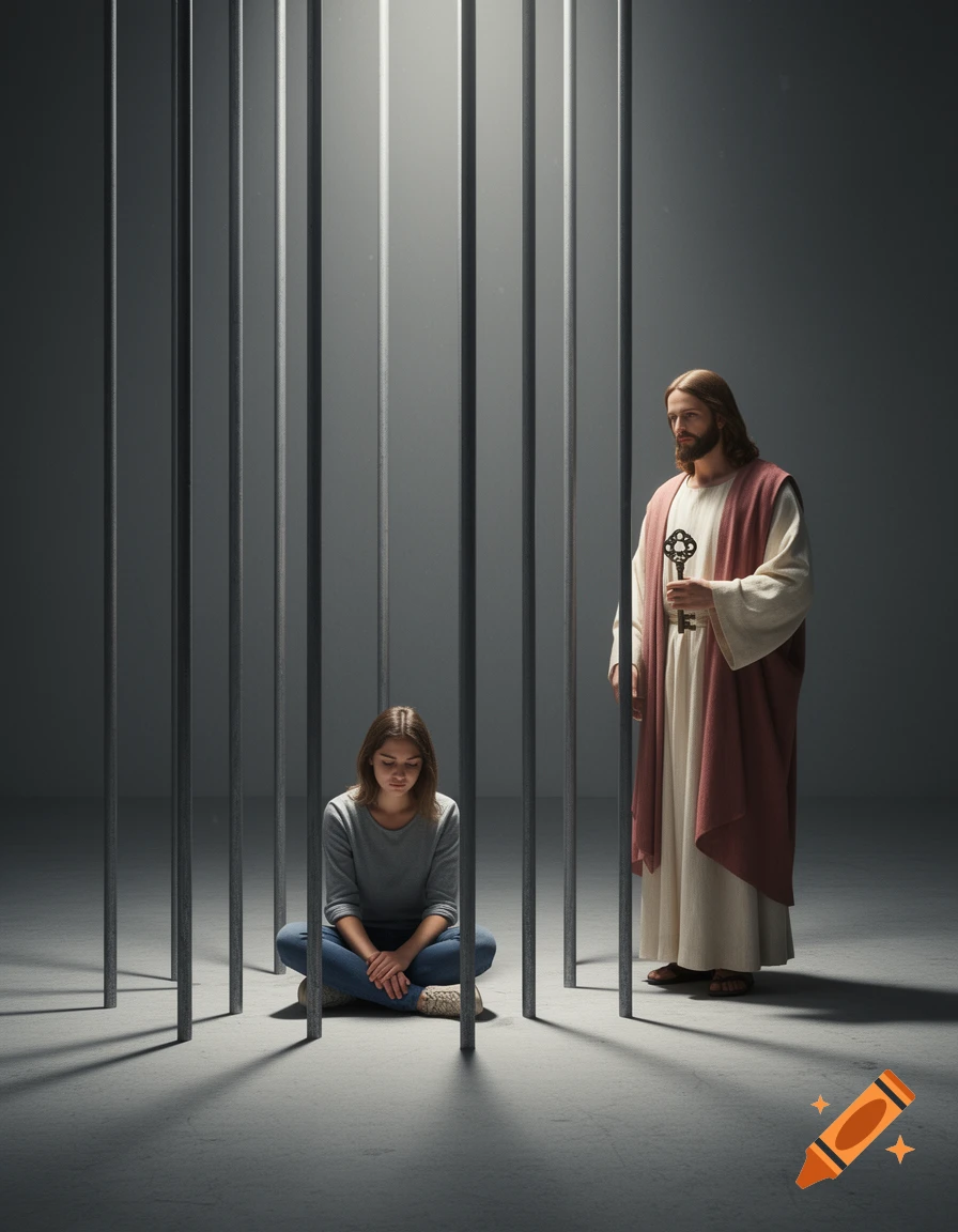 A sad woman sits cross-legged on a concrete floor behind tall metal bars, as Jesus stands outside the bars holding an ornate key.
