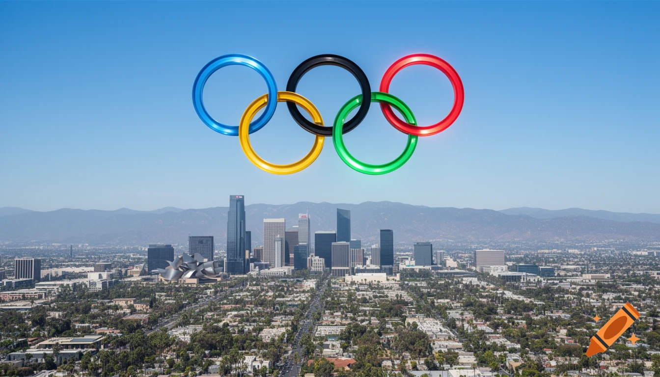 Photorealistic Olympic rings hover above the Los Angeles skyline with mountains in the background.