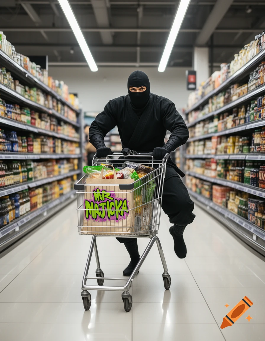 A ninja in a black suit hops while pushing a shopping cart full of groceries down a supermarket aisle, a bag labeled 'MR MAJICKA' visible.