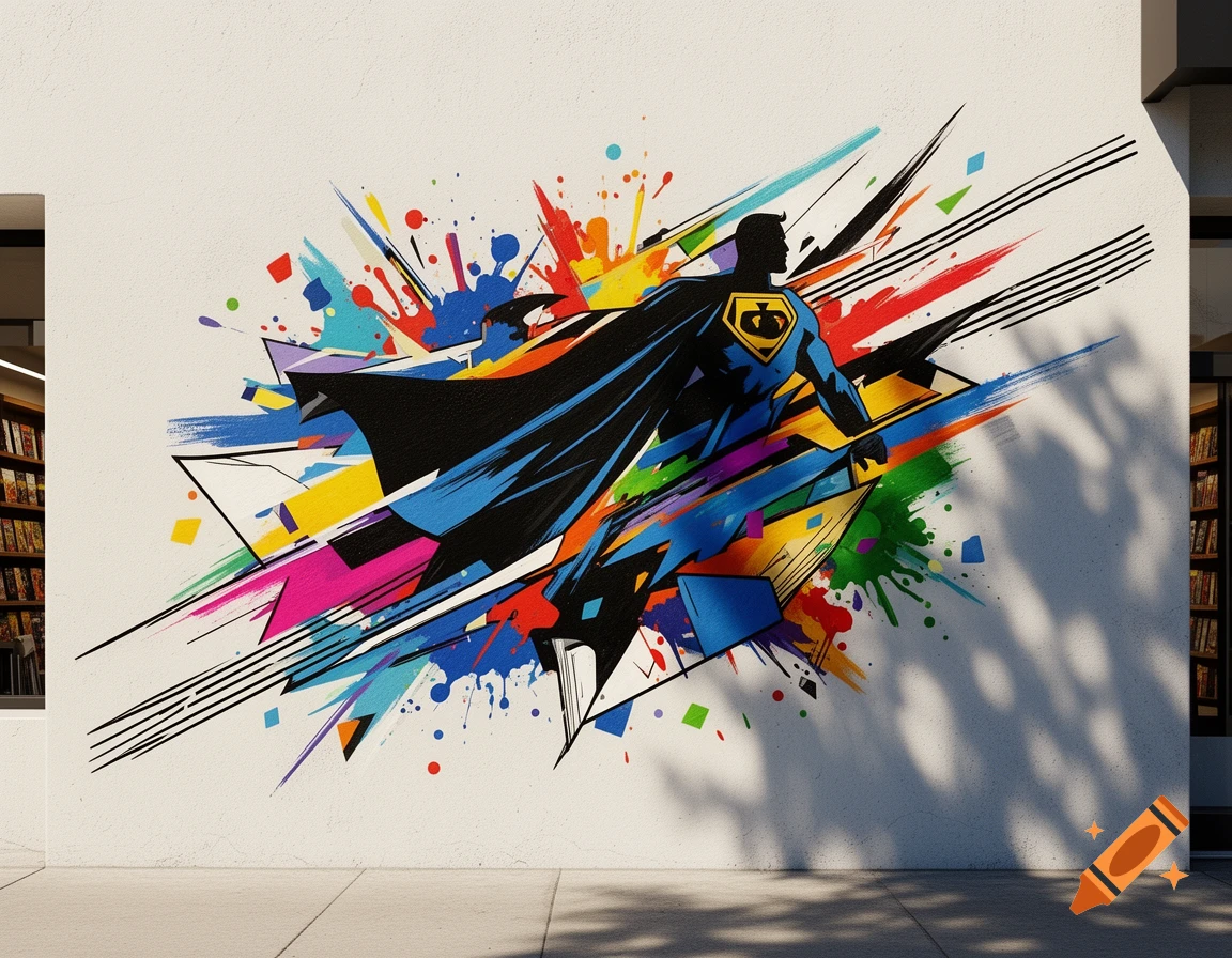 Vibrant abstract mural of a flying superhero with an 'S' shield, rendered with colorful paint splatters and sharp lines on a white wall.