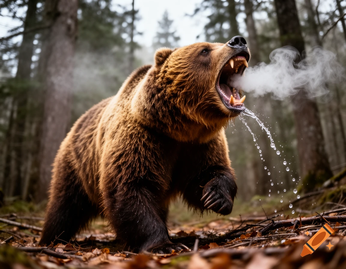 A photorealistic grizzly bear roars loudly in a forest, with saliva dripping and steam exhaling from its open mouth.
