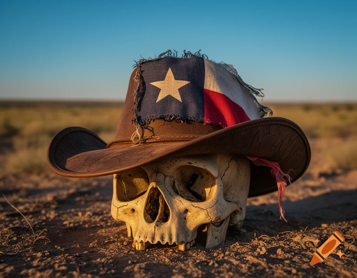 A photorealistic human skull wears a weathered cowboy hat with a tattered Texas flag patch, resting on dry desert ground under a clear sky.