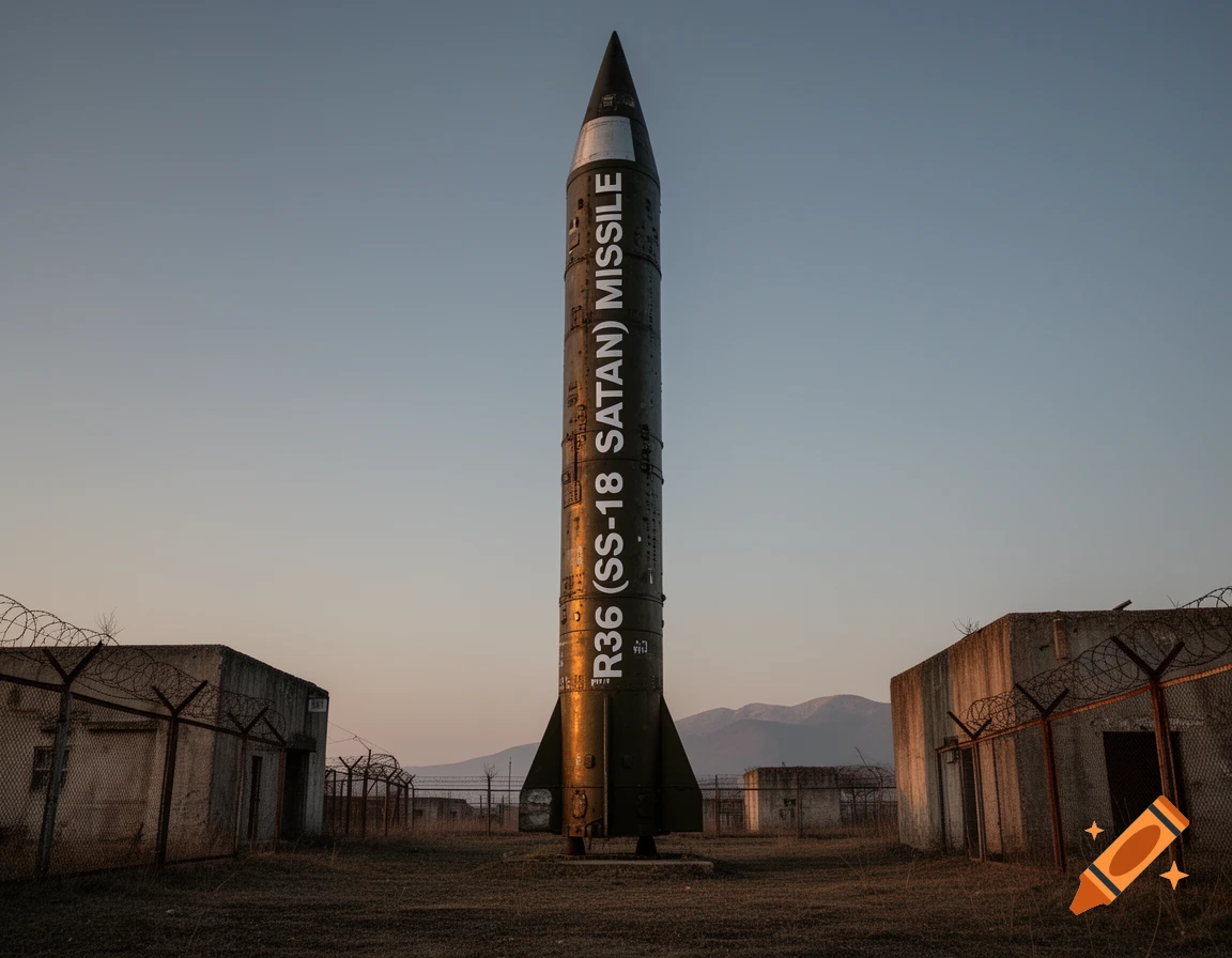 A large green R36 (SS-18 SATAN) missile stands upright in a desolate, fenced military area with concrete structures under a clear sky at dusk.