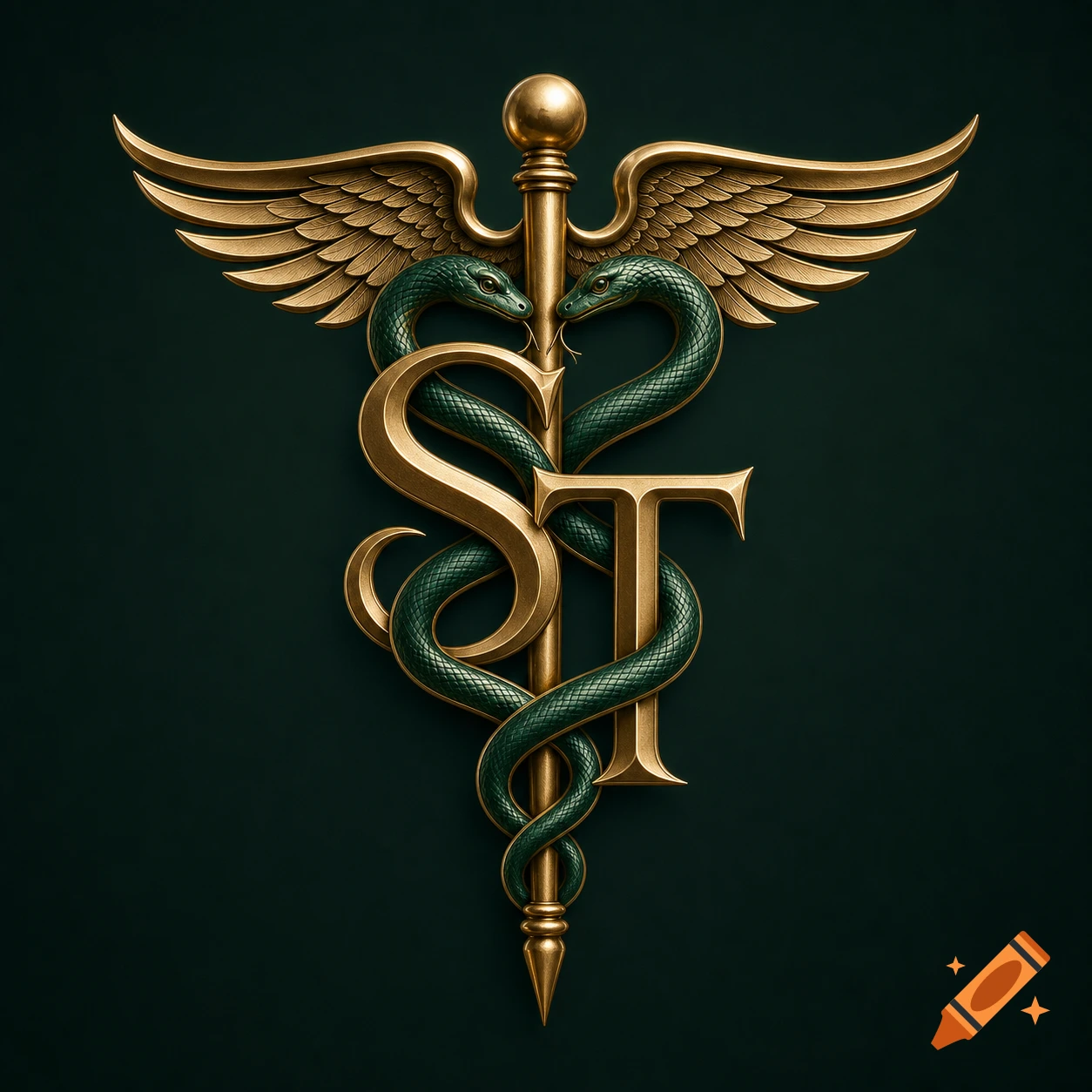 Ornate golden caduceus symbol with two green snakes forming the letters S and T on a dark green background.