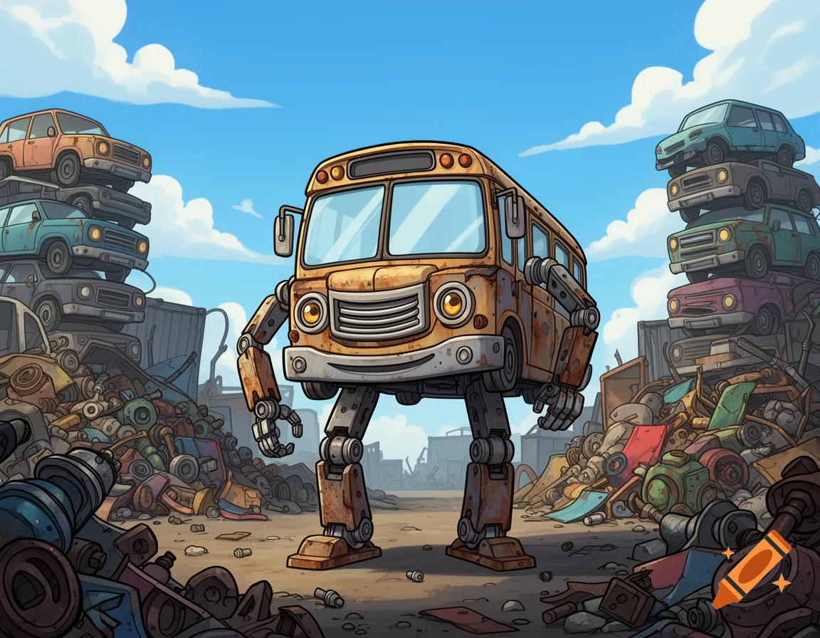Cartoon illustration of a rusty yellow bus-robot standing in a junkyard filled with piles of old cars and scrap metal.