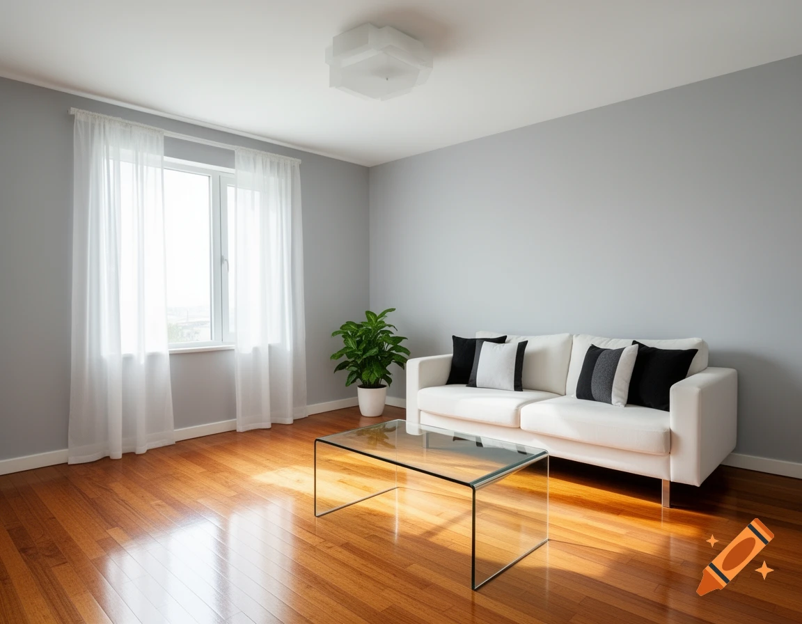 A modern living room with light gray walls, a white sofa with black and white pillows, a glass coffee table, and a window with sheer curtains.