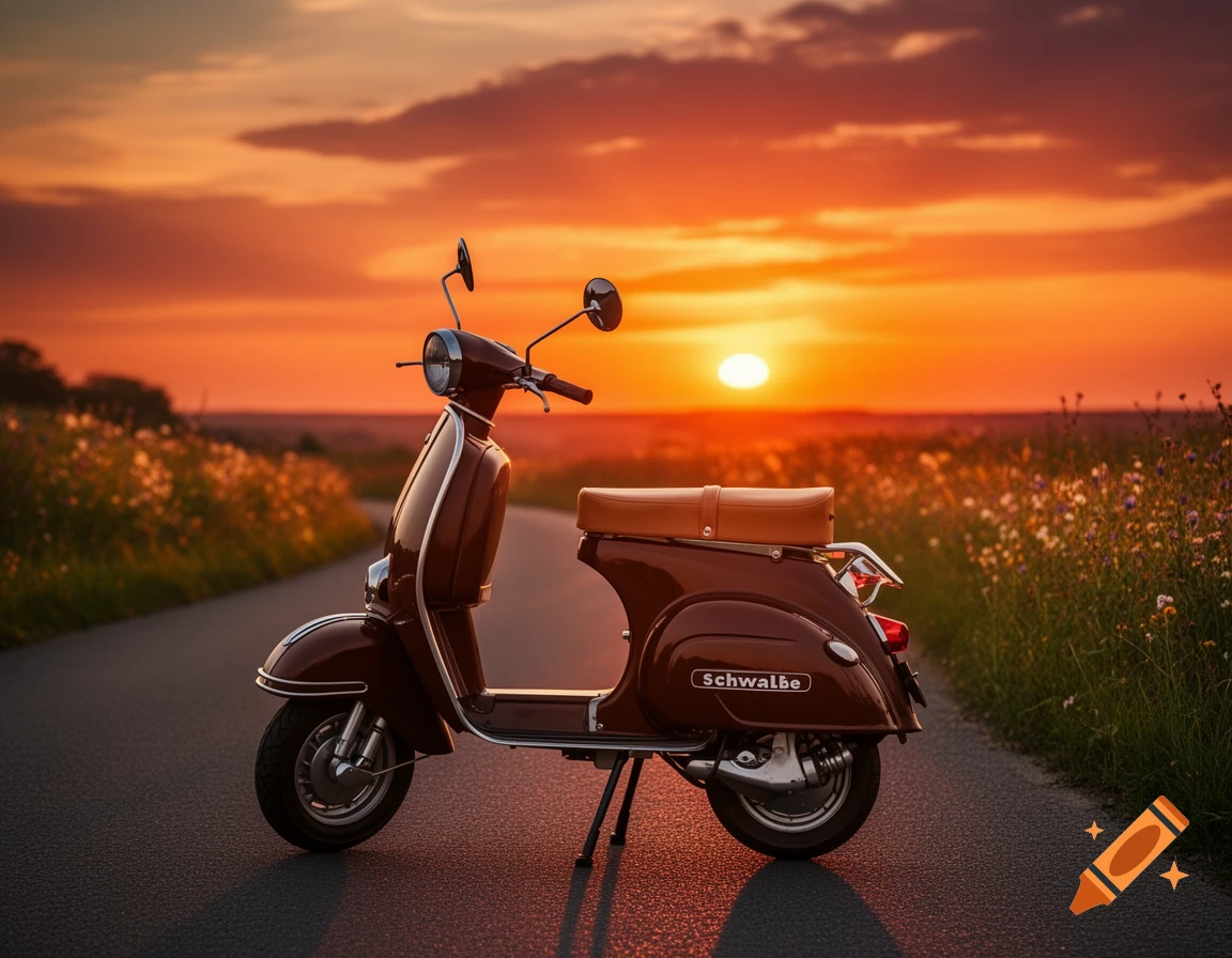 A brown vintage moped with a tan seat parked on a road, silhouetted against a vibrant orange and yellow sunset over a field.