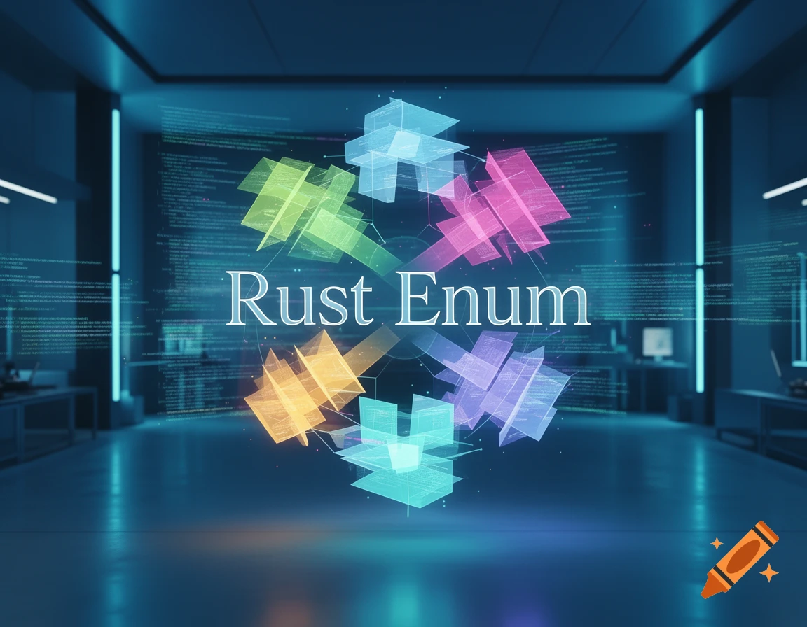 Text "Rust Enum" surrounded by colorful geometric shapes in a futuristic room with code projected on walls.
