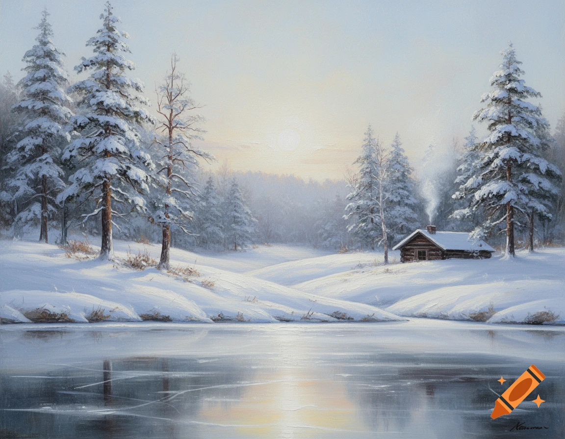 Oil painting of a snow-covered winter landscape with a smoking cabin, evergreen trees, and a frozen lake under a soft sky.