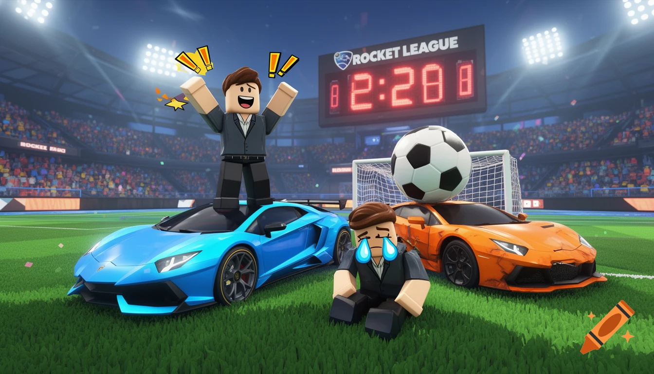 Roblox-style scene in a soccer stadium with two avatars and sports cars. One happy avatar stands on a blue car; a sad avatar sits next to a dented orange car.