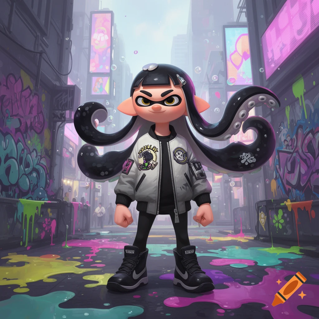 A Splatoon Inkling character with black tentacles for hair wears a white bomber jacket, standing in a graffiti-covered city street with colorful paint splatters.