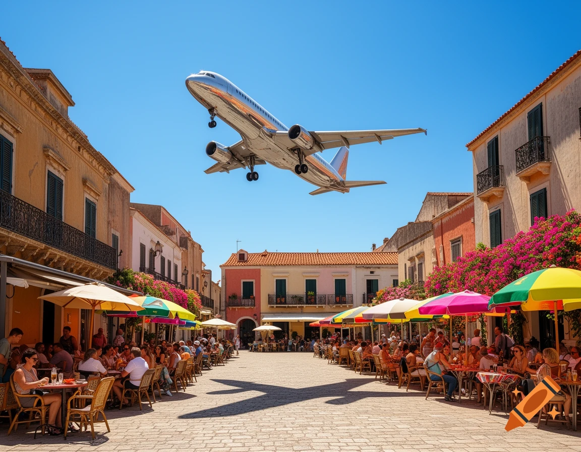 Photorealistic image of a silver airplane flying low over a sunny Mediterranean city square filled with outdoor cafes and people dining.