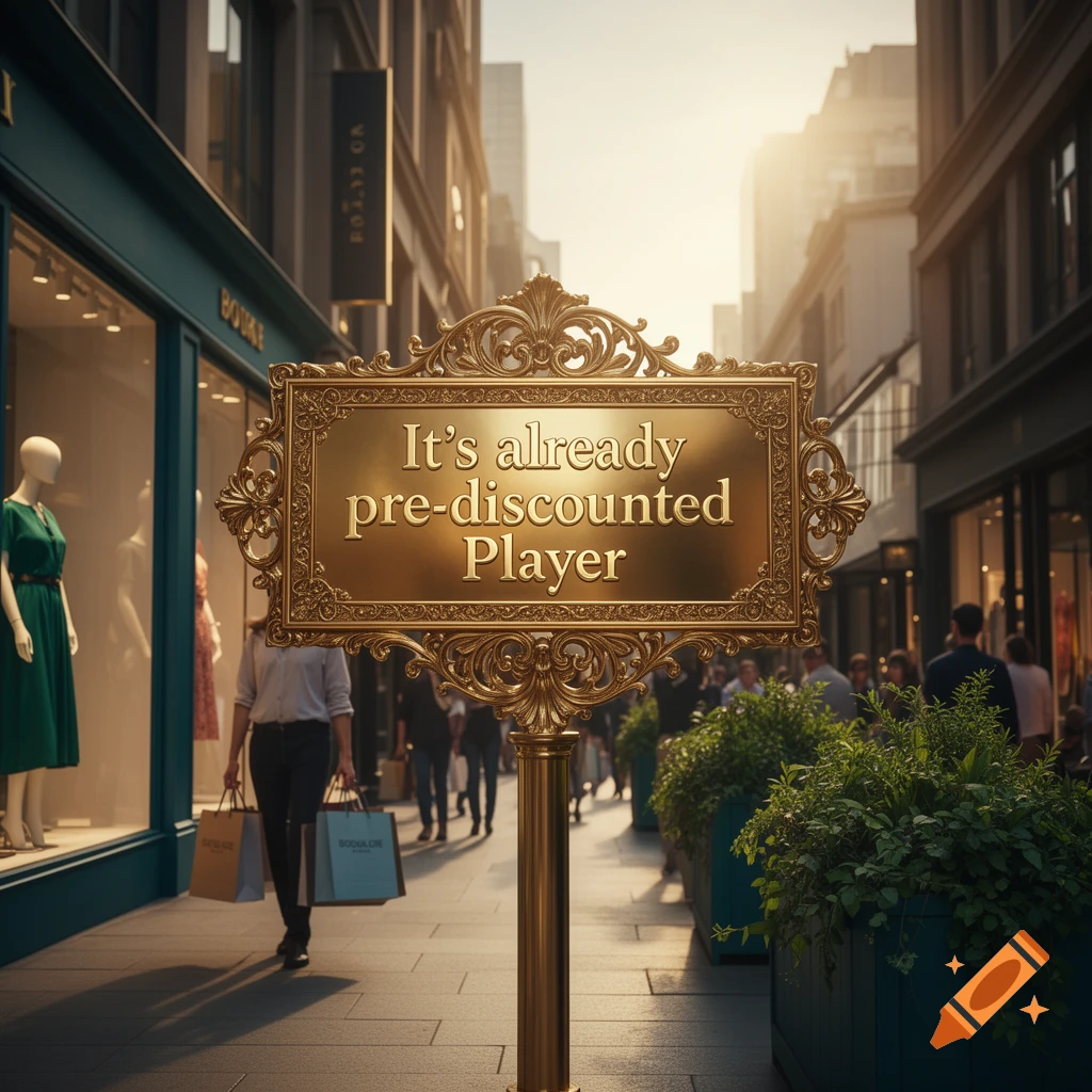 A decorative golden sign reading "It's already pre-discounted Player" on a bustling city shopping street at sunset.