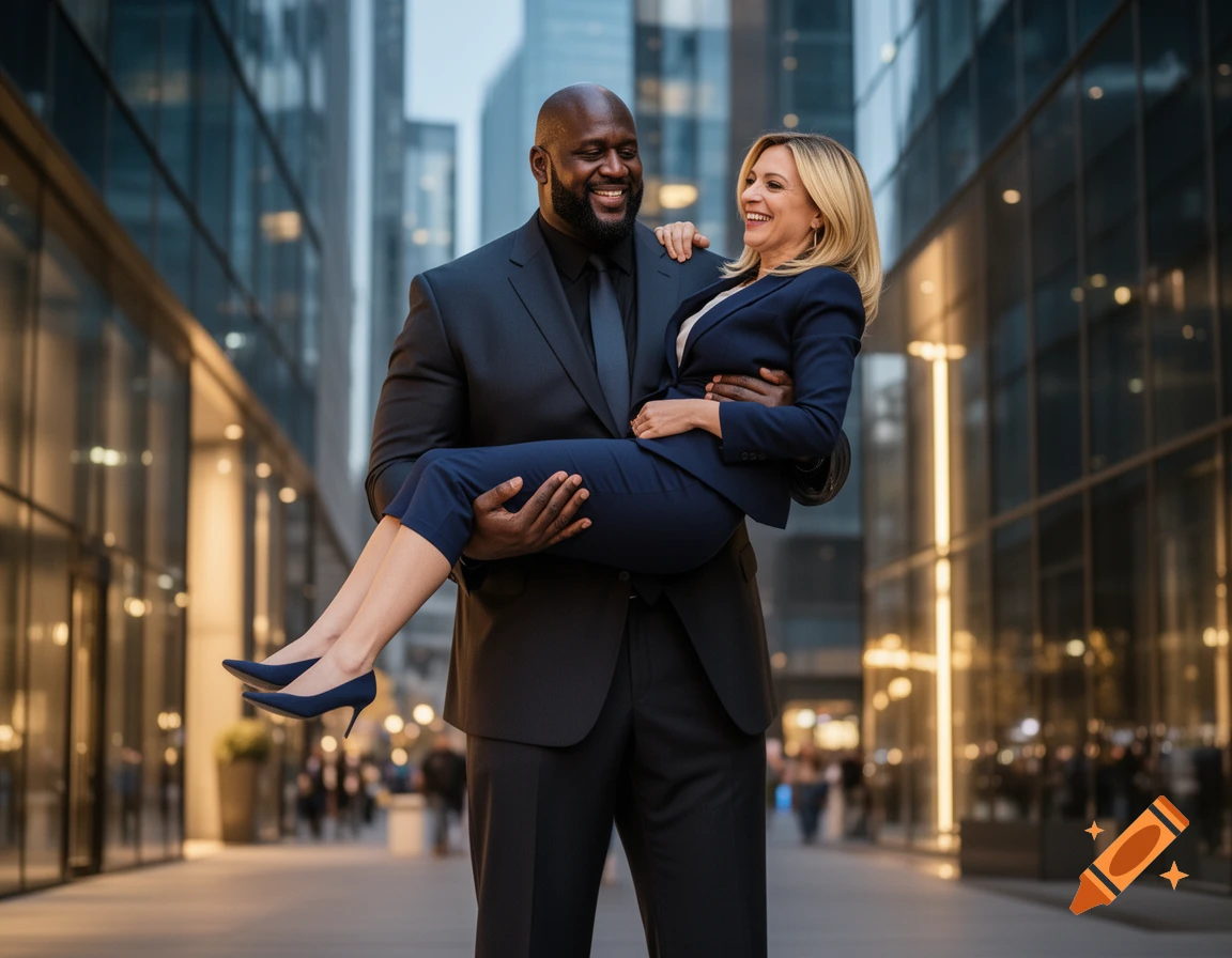 Shaquille O'Neal carries Giorgia Meloni in a business suit on a city street, both smiling.